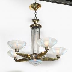 Art Deco Brass Petitot Chandelier w Glass Rods Opalescent Glass Shades - 4745567