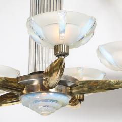 Art Deco Brass Petitot Chandelier w Glass Rods Opalescent Glass Shades - 4745573