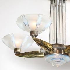 Art Deco Brass Petitot Chandelier w Glass Rods Opalescent Glass Shades - 4745579