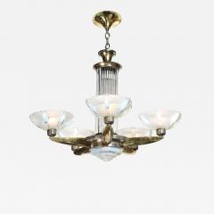 Art Deco Brass Petitot Chandelier w Glass Rods Opalescent Glass Shades - 4746398