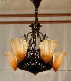 Art Deco Bronze and Amber Glass Chandelier with Sculptural Form - 4562877