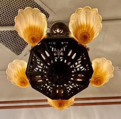 Art Deco Bronze and Amber Glass Chandelier with Sculptural Form - 4562878