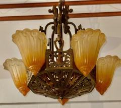 Art Deco Bronze and Amber Glass Chandelier with Sculptural Form - 4562879
