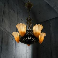 Art Deco Bronze and Amber Glass Chandelier with Sculptural Form - 4562880