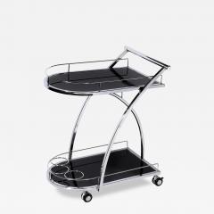 Art Deco Bullet Form Two Tier Rolling Bar Serving Cart in Vitrolite Chrome - 4556957