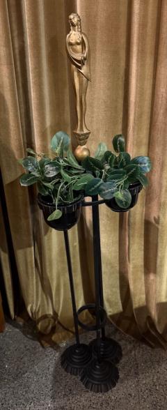 Art Deco Cast Iron Plant Stand with Faux Bronze Nude Female Statue France - 4251220