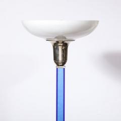 Art Deco Cobalt Blue Glass Satin Nickel Torchiere w Milk Glass Shade - 3197800