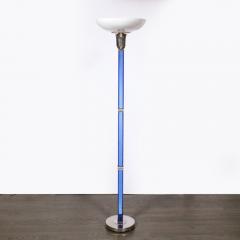 Art Deco Cobalt Blue Glass Satin Nickel Torchiere w Milk Glass Shade - 3197802