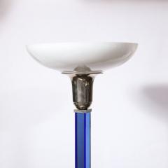 Art Deco Cobalt Blue Glass Satin Nickel Torchiere w Milk Glass Shade - 3197855