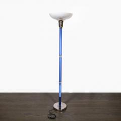 Art Deco Cobalt Blue Glass Satin Nickel Torchiere w Milk Glass Shade - 3197951