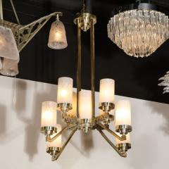 Art Deco Cubist Skyscraper Style Silvered Bronze Mottled Glass Chandelier - 2659648