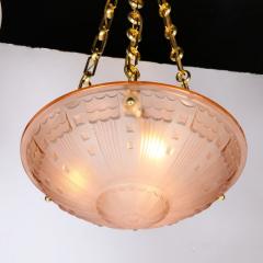 Art Deco Cubist Style Pendant Chandelier in Frosted Rose with Brass Fittings - 3352176