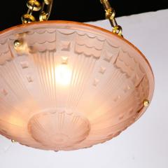 Art Deco Cubist Style Pendant Chandelier in Frosted Rose with Brass Fittings - 3352214