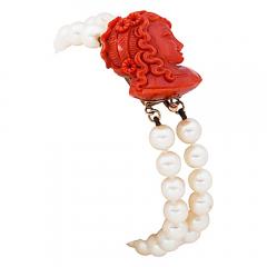 Art Deco Cultured Pearl Coral Cameo and Gold Bracelet - 3939069