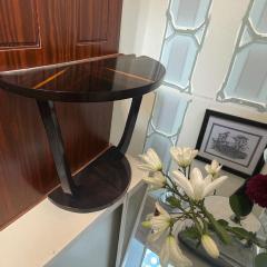 Art Deco Demi Lune Console Table Macassar Ebony with Sunburst Design - 4360610