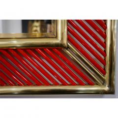 Art Deco Design Italian Red Murano Glass Geometric Modern Fretwork Brass Mirror - 2922916