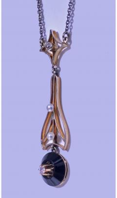 Art Deco Diamond Onyx Pearl 14K Necklace Pendant American C 1930  - 1152369