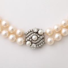 Art Deco Double Strand Cultured Pearl Diamond Clasp Necklace in White Gold - 4403703