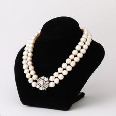 Art Deco Double Strand Cultured Pearl Diamond Clasp Necklace in White Gold - 4403706