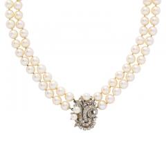 Art Deco Double Strand Pearl Necklace with 14kt Gold Diamond and Pearl Clasp - 2946725