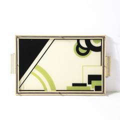Art Deco Eglomise Cubist Graphic Geometric Motif Tray w Cream Lacquered Border - 4622884