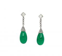 Art Deco Era 21 Carat Cabochon Pear Shape Emerald Drop Earrings Circa 1940 - 3538653