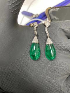 Art Deco Era 21 Carat Cabochon Pear Shape Emerald Drop Earrings Circa 1940 - 3538681