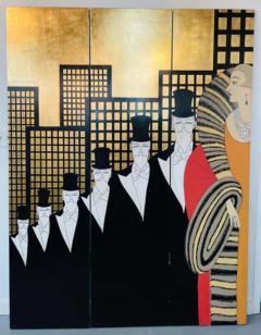 Art Deco Erte Top Hat Three Panel Room Divider or Screen Gilded on Ebony Wood - 2873052