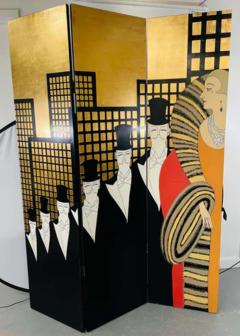 Art Deco Erte Top Hat Three Panel Room Divider or Screen Gilded on Ebony Wood - 2873253