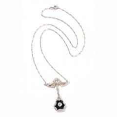 Art Deco Filigreed Platinum Gold and Diamond Onyx Pendant on Platinum Chain - 2220093