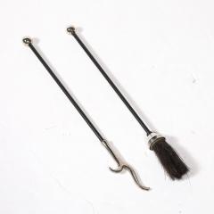 Art Deco Fire Tool Set in Nickel with Fluted Detailing and Black Enamel - 3752108