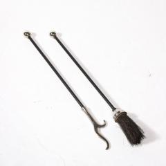 Art Deco Fire Tool Set in Nickel with Fluted Detailing and Black Enamel - 3752110