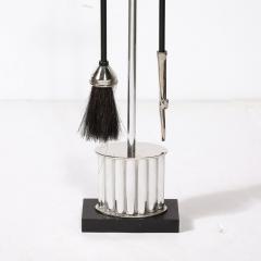 Art Deco Fire Tool Set in Nickel with Fluted Detailing and Black Enamel - 3752139