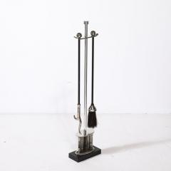 Art Deco Fire Tool Set in Nickel with Fluted Detailing and Black Enamel - 3752140