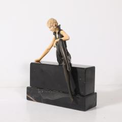 Art Deco Flapper Girl Sculpture In Bronze Resin on Rectilinear Marble Base - 4745227