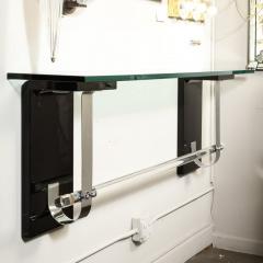Art Deco Floating Glass Topped Black Lacquer Nickel Lucite Console Shelf - 3276062