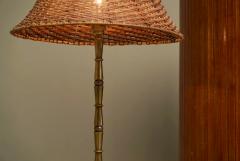 Art Deco Floor Lamp in Patinated Brass with Rattan Shade 1940s - 4395080