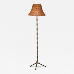 Art Deco Floor Lamp in Patinated Brass with Rattan Shade 1940s - 4396897