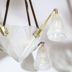 Art Deco Four Arm Frosted Glass Silvered Bronze Chandelier with Cubist Motifs - 2050277