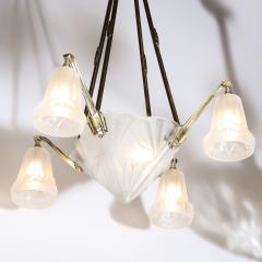 Art Deco Four Arm Frosted Glass Silvered Bronze Chandelier with Cubist Motifs - 2050283