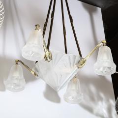 Art Deco Four Arm Frosted Glass Silvered Bronze Chandelier with Cubist Motifs - 2050348