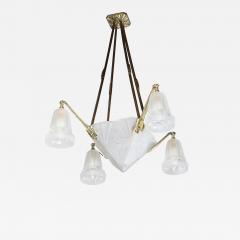 Art Deco Four Arm Frosted Glass Silvered Bronze Chandelier with Cubist Motifs - 2050790