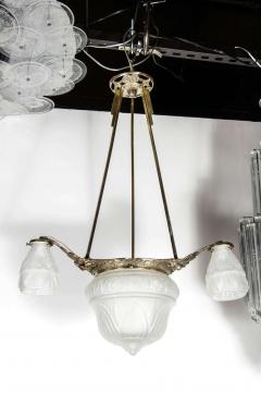 Art Deco Four Globe Frosted Relief Glass Chandelier in Silvered Bronze - 1483671