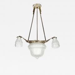 Art Deco Four Globe Frosted Relief Glass Chandelier in Silvered Bronze - 1486300