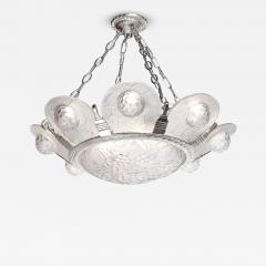 Art Deco Frosted Glass Chandelier with Stylized Cubist Floral Motif - 4623558
