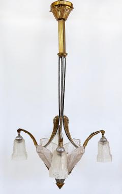 Art Deco Gilt Silvered Bronze Chandelier Frosted Glass Shades - 4641956