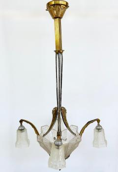 Art Deco Gilt Silvered Bronze Chandelier Frosted Glass Shades - 4641957