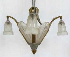 Art Deco Gilt Silvered Bronze Chandelier Frosted Glass Shades - 4641958