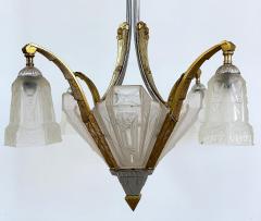 Art Deco Gilt Silvered Bronze Chandelier Frosted Glass Shades - 4641962