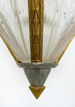 Art Deco Gilt Silvered Bronze Chandelier Frosted Glass Shades - 4641977